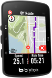 Bryton GPS device displaying a map and riding information on a white background