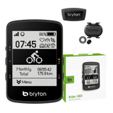 A Bryton Rider 460E bicycle computer with a clear black-and-white screen displaying various cycling metrics.