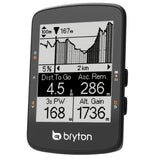 A Bryton Rider 460E bicycle computer with a clear black-and-white screen displaying various cycling metrics.