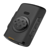 Black electronic device with circular component on a white background