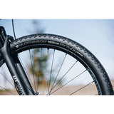 A black Hutchinson Python Race mountain bike tire mounted on a wheel, with the brand and model name visible.