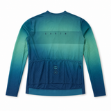 A long-sleeve cycling jersey shown from the back, featuring a gradient color scheme from teal to deep blue. The brand name 'EARTH' is printed across the upper back, and a circular logo is visible on the lower back pocket.