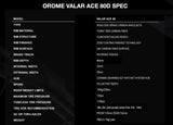 Technical specifications of Orome Valar ACE 80D rim on a black background