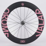 A black OROME Valar 80SA Series bicycle wheel with decals, featuring the model number 180 on the rim.