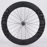 A black OROME Valar 80SA Series bicycle wheel with decals, featuring the model number 180 on the rim.