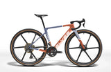 A bicycle equipped with Orome Valar SK40D carbon fiber road disc wheelset, featuring a blue and orange color scheme.