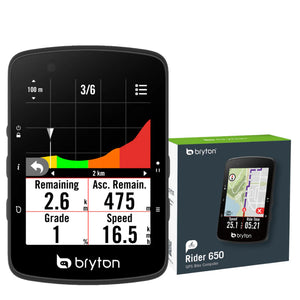 Bryton Rider 650 cycling computer with packaging on a white background