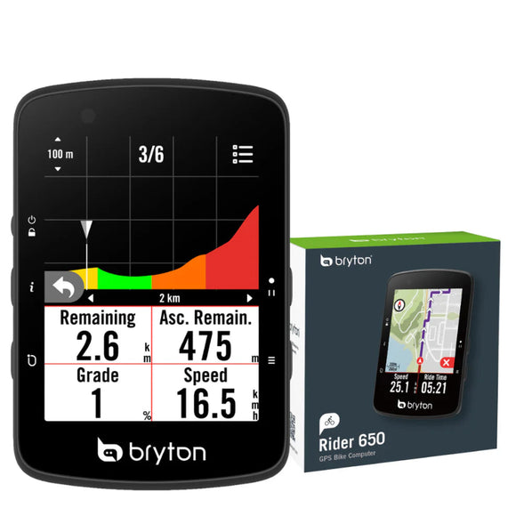 Bryton Rider 650 cycling computer with packaging on a white background