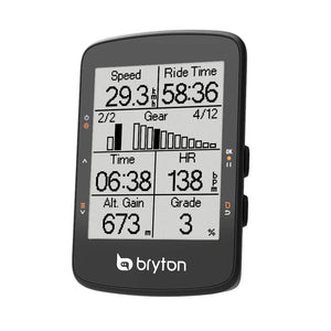 A Bryton Rider 460E bicycle computer with a clear black-and-white screen displaying various cycling metrics.