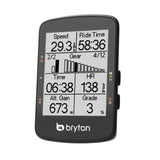 A Bryton Rider 460E bicycle computer with a clear black-and-white screen displaying various cycling metrics.