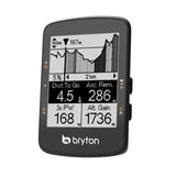A Bryton Rider 460E bicycle computer with a clear black-and-white screen displaying various cycling metrics.