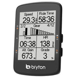 A Bryton Rider 460E bicycle computer with a clear black-and-white screen displaying various cycling metrics.