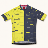 A short-sleeve cycling jersey with a split design, featuring bright yellow on the left side and dark navy on the right side, with geometric line patterns and the brand name 'Santio' on the chest.