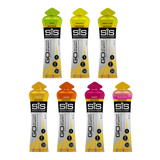Set of SIS (Science in Sport) energy gel packets in various flavors on a white background