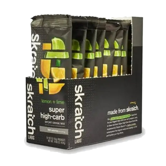 Box of Skratch Labs lemon lime super high-carb sport drink mix on a white background