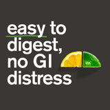 Text 'easy to digest, no GI distress' with a sliced lime and orange on a dark background