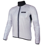 White cycling jacket with black zipper and collar on a white background