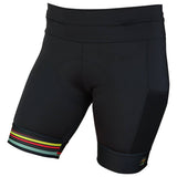 A pair of women's shorts with a high waist, featuring multiple pockets and a ribbon legband. The shorts are predominantly black with a striped pattern on the leg.