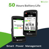 Bryton GPS devices with battery life and power management features displayed on a gradient background.