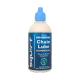 A bottle of Squrt Chain Lube with a blue cap and a blue label, containing an off-white liquid, shown on a plain white background.