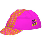 Pink cycling cap with yellow pattern and 'Tour de France' logo on a white background