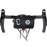 Bicycle handlebar with a black bag and a visible brand logo on a white background