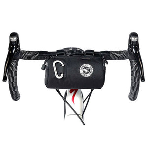 Bicycle handlebar with a black bag and a visible brand logo on a white background