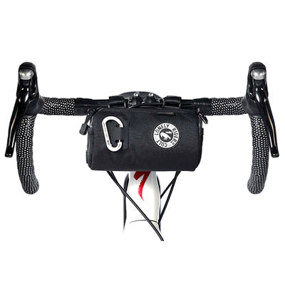 Bicycle handlebar with a black bag and a visible brand logo on a white background