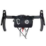 Bicycle handlebar with a black bag and a visible brand logo on a white background