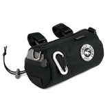 Black bike frame bag with a carabiner and brand logo on a white background