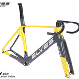 A yellow and black Elves Falath EXPERT aero road bike frame with carbon fibre material, designed for UCI approval with aerodynamics in mind.