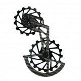 A carbon ceramic rear derailleur for bicycles, with two oversized aluminum wheels and full ceramic sealed bearings.