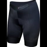 Black cycling shorts with visible branding on a white background