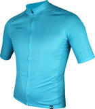 A men's blue cycling jersey with short sleeves, a front zipper, and a waffle texture fabric on the sleeves.
