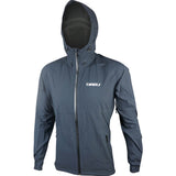 A Tineli Touring Rain Jacket in gray color with a hood designed to fit over a helmet, reflective details, and a fold-away tail gate.